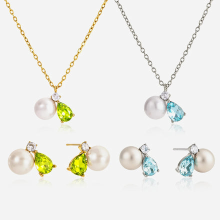 J&D Modern Classical 18K Gold Stainless Steel Zirconia Pearls Stud Earrings O-Link Extendable Adjustable Drop Shape Necklace Set