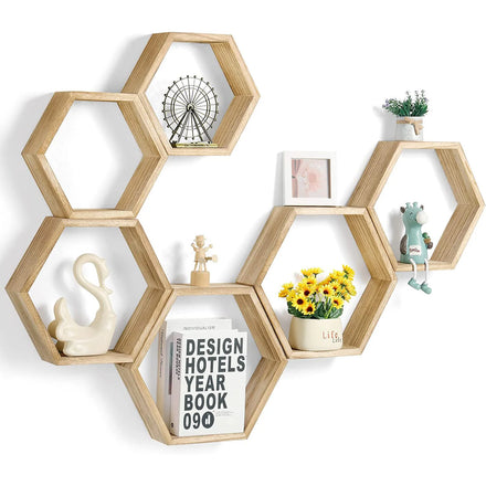 Wall Mount Hexagon Floating Shelves Honeycomb Decor Wooden Plant Pots Holder Stainless Steel for Kitchen Bathroom Living Room