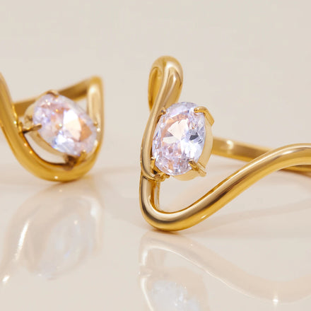 J&D New Irregular 18K Pleated Stainless Steel Abstract Inlaid Zircon Ring Set Jewelry for Women