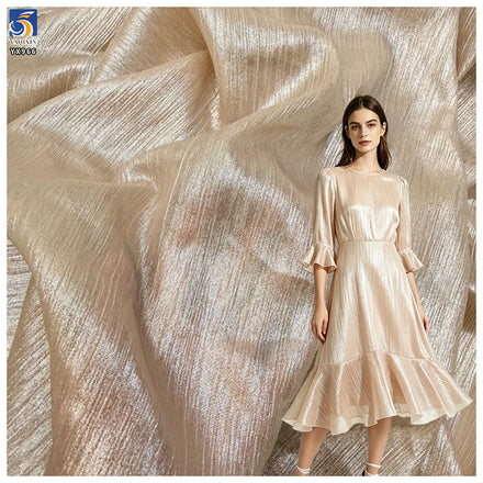 YX966 Holographic Lurex Crinkle Chiffon 100% Polyester Gold Foil Wrinkled Textured Fabric for Wedding Evening Party Dresses