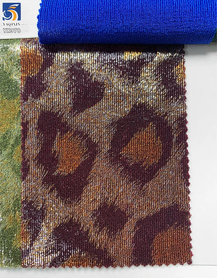 YX978 200gsm Spandex Highly Stretchable Ribbed Knit Lurex Fabric With Hot Stamping Leopard Print Lurex Fabric for Stage Dress