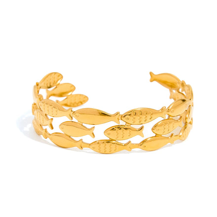 JD Classic 18K Gold Plated Stainless Steel Three-layer Small Fish Opening Hollow Bracelet for Women