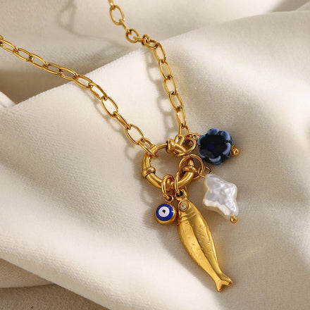 Dreamshow Pearl Jewelry Fish Charm Fashion Jewelry Necklace 18k Gold Plated Stainless Steel Jewelry