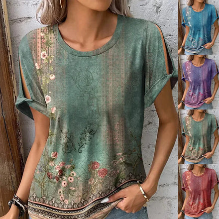 2025 New Summer Women's Casual Comfortable Loose Knitted Ethnic Style Short-sleeve Printed Fashion T-shirt