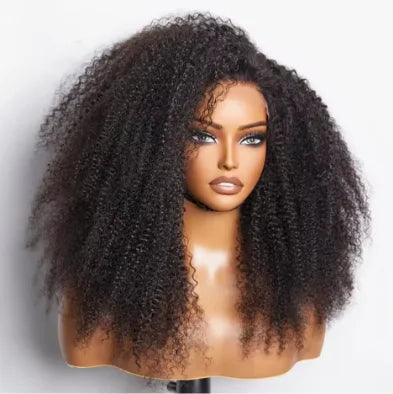 180% Density Brazilian Afro Kinky Curly Wig Short Bob with Pre-Plucked Bleached Knots Fringe Long Length Human Hair Wigs