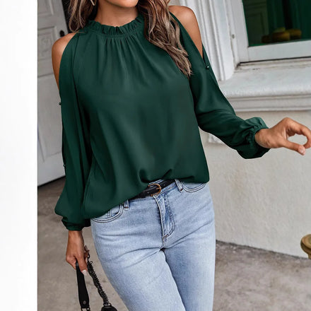 2025 New Autumn/Winter Women's Solid Color Top - Ruffled Mock Neck Long Sleeves with Shirring Fashionable Off-Shoulder Design