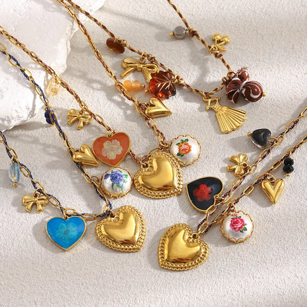 Dreamshow Fashion Jewelry Necklace Summer Heart Charm Jewelry Set Paper Clip Chain Gold Plated Stainless Steel Jewelry