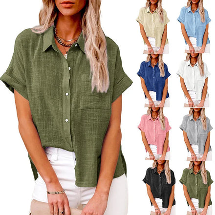 2026 Custom OEM Women's Blouses Shirts for Women Cotton Linen Shirt Short Sleeve Pocket Top Factory Private Label Wholesale ODM