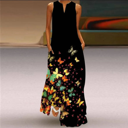 2025 New Summer Women's Sleeveless Floor-Length Dress V-Neck Printed Floral European American Cross-Border Trade Clothing
