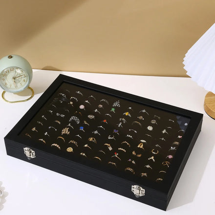 Black Rectangle Ring Storage Organizer Case Boxes with Clear View Glass Lid 100 Slots Rings Storage Case