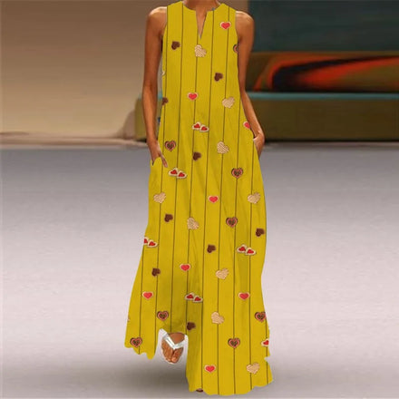 2025 New Summer Women's Sleeveless Floor-Length Dress V-Neck Printed Floral European American Cross-Border Trade Clothing