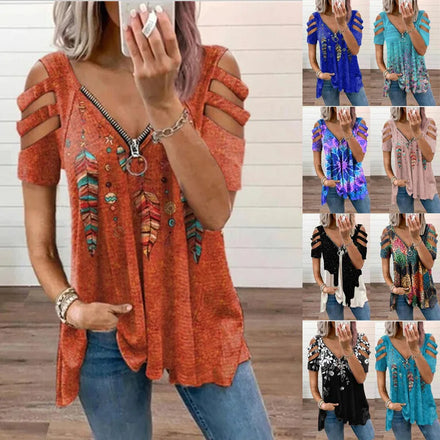 2025 Women's V-neck Zip-up Short-sleeve Loose T-shirt with Hollow-out Design Colorful Tee