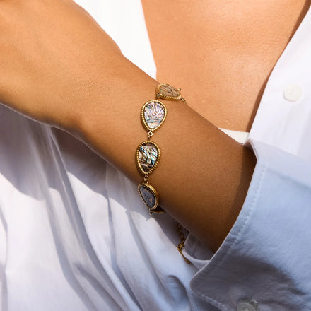 J&D Minimalist 18K Gold Plated Stainless Steel Water Droplet Shaped Abalone Shell Bracelet for Women
