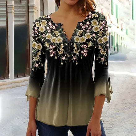 2025 New Style for Europe and America - Summer Fashion Ruili Floral - Printed V - Neck Three - Quarter - Sleeve T - Shirt