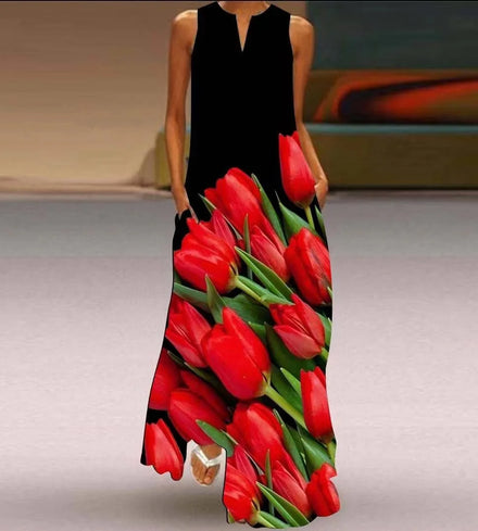 2025 New Summer Women's Sleeveless Long Dress with V-neck and Floral Print European and American Style for Cross-border Foreign