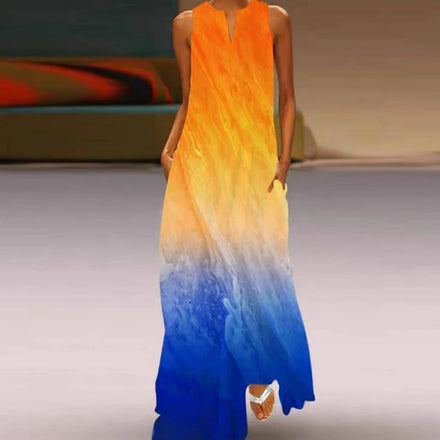 2025 New Summer Women's Sleeveless Floor-Length Woven Dress with V-neck Floral Print European American Style