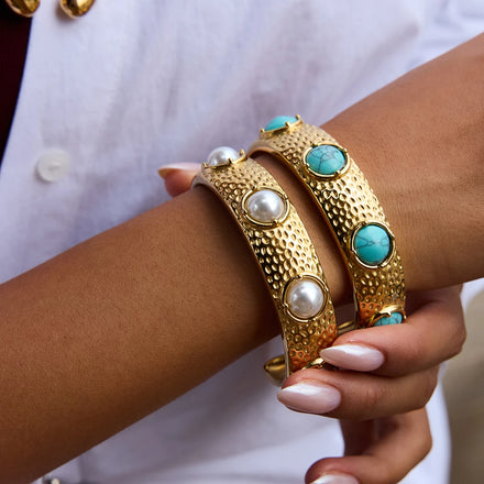 J&D Vintage 18K Gold Stainless Steel Turquoise Pearl Hammer Patterned Opening Bracelet