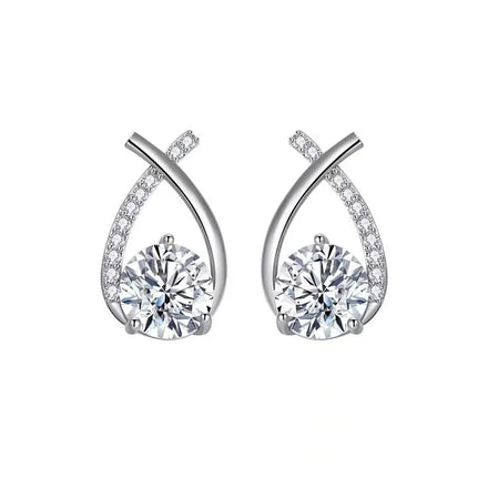 Exquisite Silver-Plated Brass Earrings Trendy Diamond-Encrusted Cross-Arcs with Sparkling Zirconia for Gift