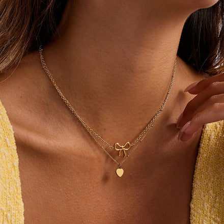 J&D Sweet 18K Gold Plated Stainless Steel Bow Heart-Shaped Pendant Double Layered Necklace