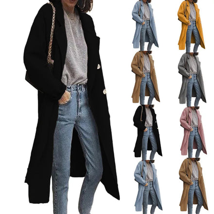 2025 Women's New Autumn/Winter Long Sleeve Solid Color Loose Cardigan Coat Straight-Cut Lapel Double-Breasted Long Trench Coat