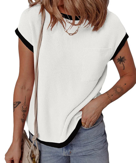 2025 Women's Short-Sleeve Rib-Knit T-Shirt - Spring/Summer Casual Outdoor Top