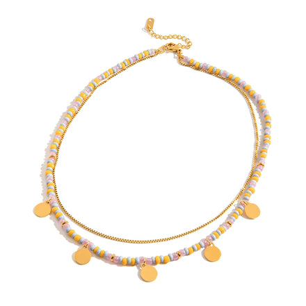 J&D 18K Gold Plated Colored Rice Bead Stainless Steel Necklace with Steel Disc Fashion Jewelry