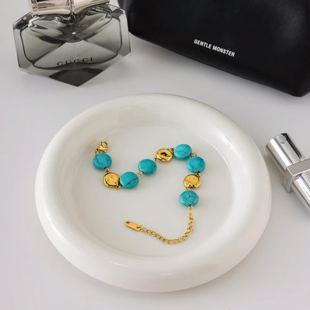 J&D Charm 18K Gold Stainless Steel Waterproof Blue Turquoise Jewelry Minimalist Hydraulic Disc Bracelet