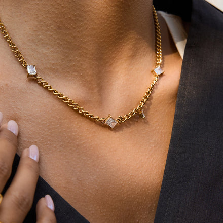 J&D Sweet and Romantic Necklace with White Square Zircon Pendant Stainless Steel Gold Jewelry Gift