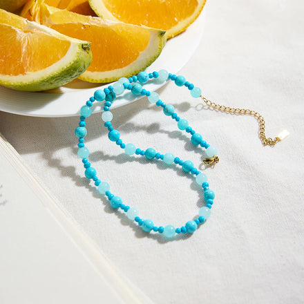 J&D Classic Trendy 18K Gold Plated Stainless Steel Link Chain Blue Turquoise Natural Stone Bead Necklace for Women Anniversary
