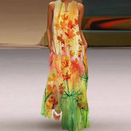 2025 New Summer Women's Sleeveless Long Dress with V-neck and Floral Print European and American Style for Cross-border Foreign