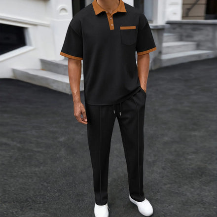 OEM custom logo embroidery printed design cross-border men's new waffle lapel color short-sleeved trousers two-piece casual set
