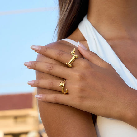 J&D Minimalist 18K Gold Stainless Steel Geometric Lines Cat Dog Simple Adjustable Opening Rings