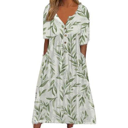 2025 Summer New Arrival Trendy Floral Printed V-neck Button Short-sleeve A-line Dress for Women-Natural Waist Others Length