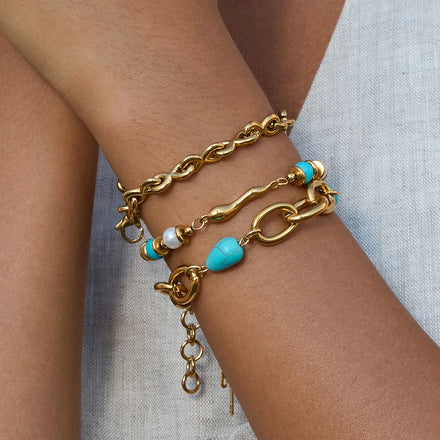J&D Retro 18K Gold Stainless Steel Waterproof Turquoise Jewelry Minimalist Chain Bracelet