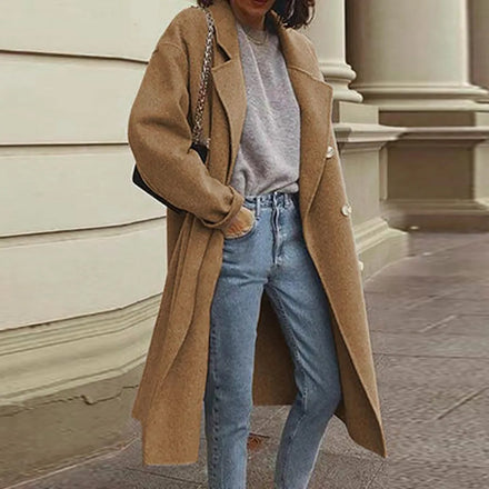 2025 New Winter Women's Straight-Cut Lapel Double-Breasted Long Trench Coat Long Sleeve Solid Color Loose Cardigan Coat
