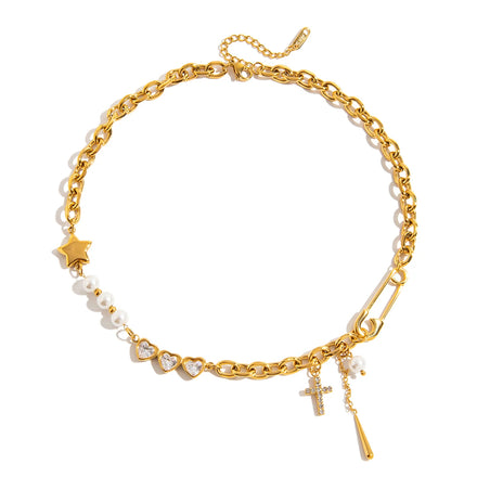 J&D Minimalist 18K Gold Plated Stainless Steel Imitation Pearl Chain Jewelry Chain Necklace