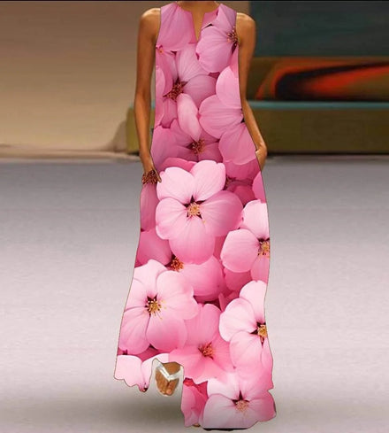 2025 New Summer European Style Women's Sleeveless Maxi Dress with V-neck and Floral Print