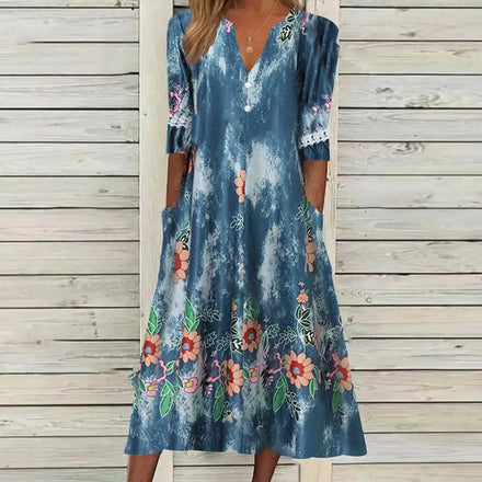 2025 European & American Women's New Spring/Summer Fashion Printed Button Mid-Sleeve Dress