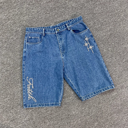 Custom Denim Shorts for Men Rhinestone Print Jean Shorts Men Denim Breathable Vintage Streetwear Embroidery Shorts for Summer