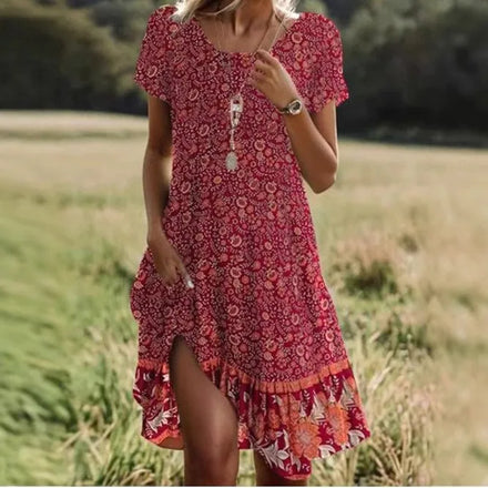 2025 European American Women's New Spring/Summer Floral Digital Printing A-Line Knee-Length Casual Button Short Sleeve Dress