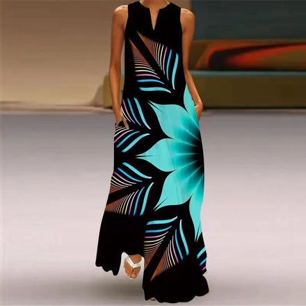2025 New Summer European Style Women's Sleeveless Maxi Dress with V-neck and Floral Print