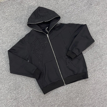 Custom Full Face Zip up Oversize Black Hoodies Foam Print Letter Rhinestone Printing Hoodies Heavyweight French Terry Hoodies