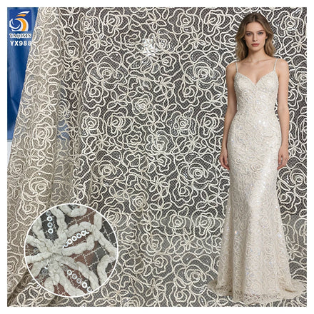 YX988 3D Flowers Embroidered Chenille Materials Chantilly Lace Fabric China Style Red Rose Flowers Embroidery Mesh Lace Fabric