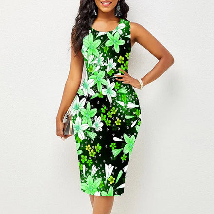 2025 European and American Cross-border Party Round-neck Sleeveless Dress Fashionable Printed Multi-color Evening Dress