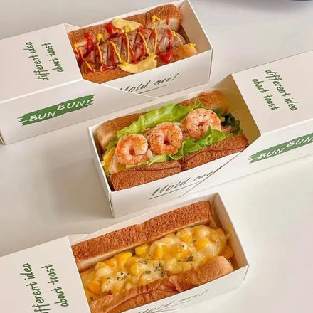 Hot Sell Biodegradable Fast Food Takeout Sandwich Box Tray Sushi Hot Dog Box Candy Cake Waffle Bakery Burger Paper Packaging Box
