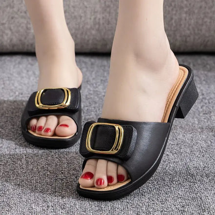 Women's Slide slippers Wholesale Summer Sandals Designer French Midheeled Thick Heel Beach Wear Fashion Shoes for Women