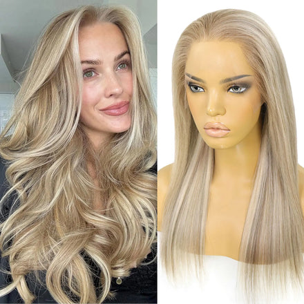 Straight Balayage Ash Blonde Highlight Wig with Brown Roots 13x6 HD Transparent Lace Front Wigs Human Hair Pre Plucked for Women