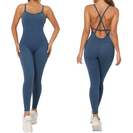 Women's Hip-Lifting V-Neck Sports Jumpsuit Backless Fitness Dance Pants with No Embarrassing Lines Yoga Bodysuit