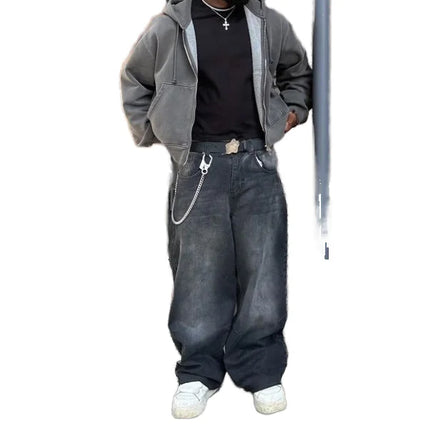 Mens Vintage Washed Denim Jeans Relaxed Wide Leg Cleanfit Style Drop Crotch Chain Detail Comfort