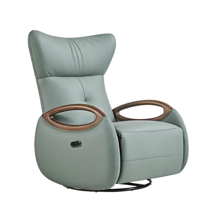 Modern Electric Single Sofa Recliner Chair Genuine Leather Rotary Adjustable Extendable Curved Armrest Wood Living Room Rocking